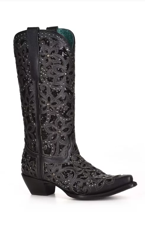 Corral Boots Black Inlay Embroidery Studs A3752