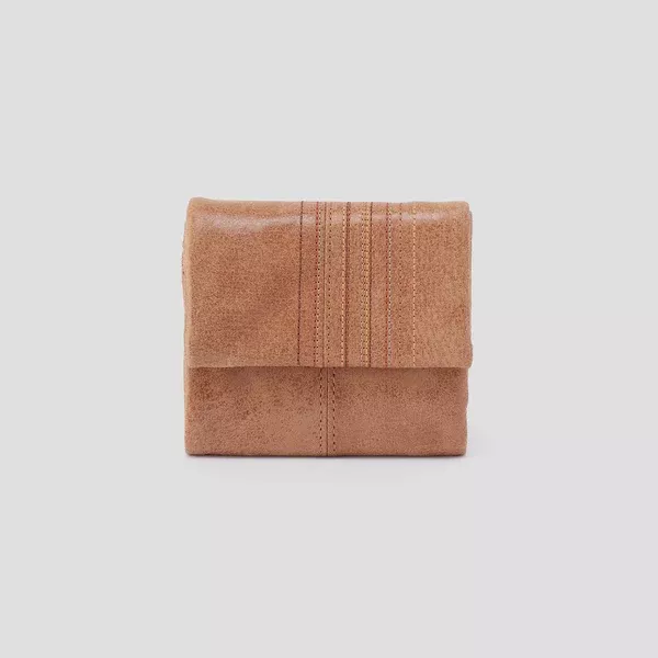 Hobo Keen Mini Trifold Leather Wallet / Tan Linear Stitch