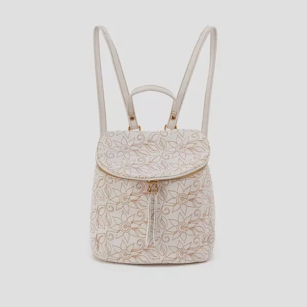 Hobo River (White w/Floral Stitch) Backpack Purse