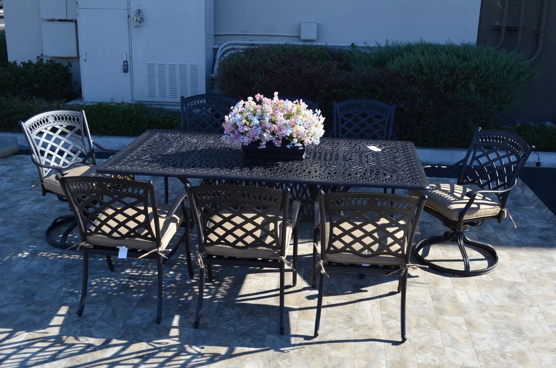 KB St. Augustine 9 Piece Dining Set: 2 Swivel Rocker Dining Chairs, 6 Dining Chairs, 1 Rectangular Dining Table 44"x84" - 2-LD1571-11 + 6-LD1571-1 + LD777C-44x84