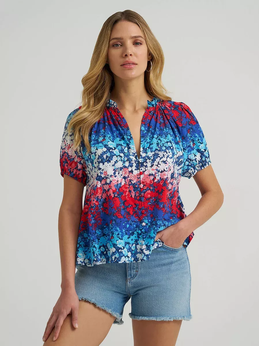 Wrangler Women's Puff Sleeve Mini Button Blouse